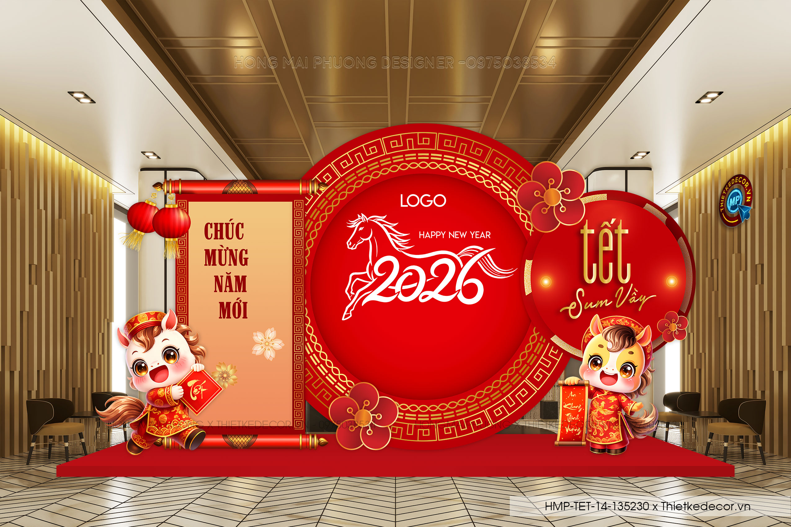 File thiết kế trang trí Tết 2026 Xuân Bính Ngọ. Backdrop checkin Tết.